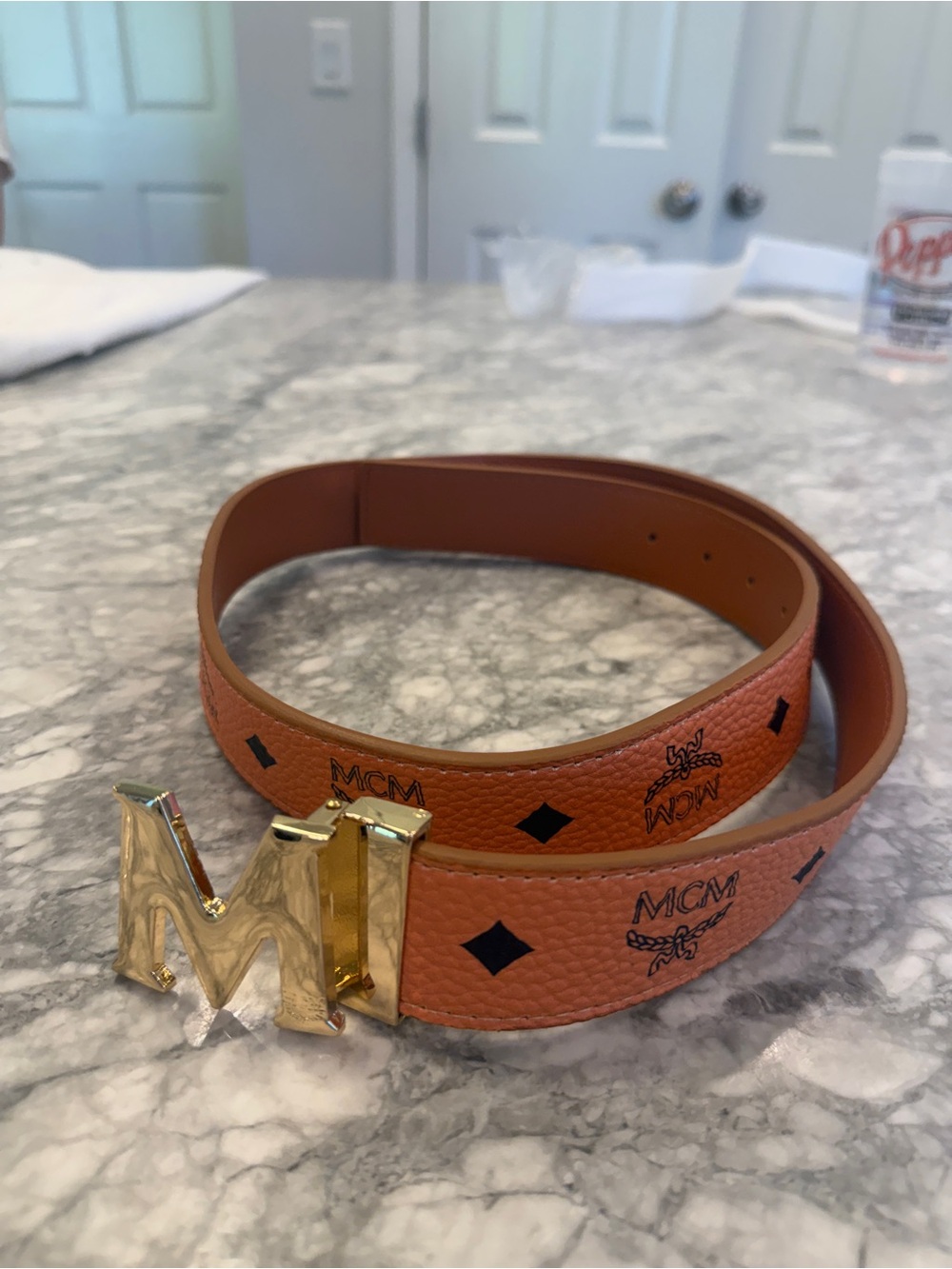 THRIFTED MCM Men's Cognac-Orange Logo Belt with Gold M Buckle - Picture 4 of 5
